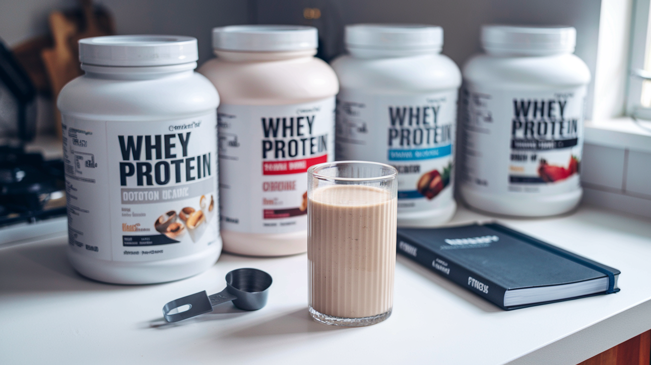 Create a realistic image of several whey protein containers with different flavors next to a glass filled with freshly mixed protein shake, showing the smooth texture and mixability, alongside a measuring scoop and a fitness journal, all arranged on a clean kitchen counter with natural lighting highlighting the product quality and practical usage.