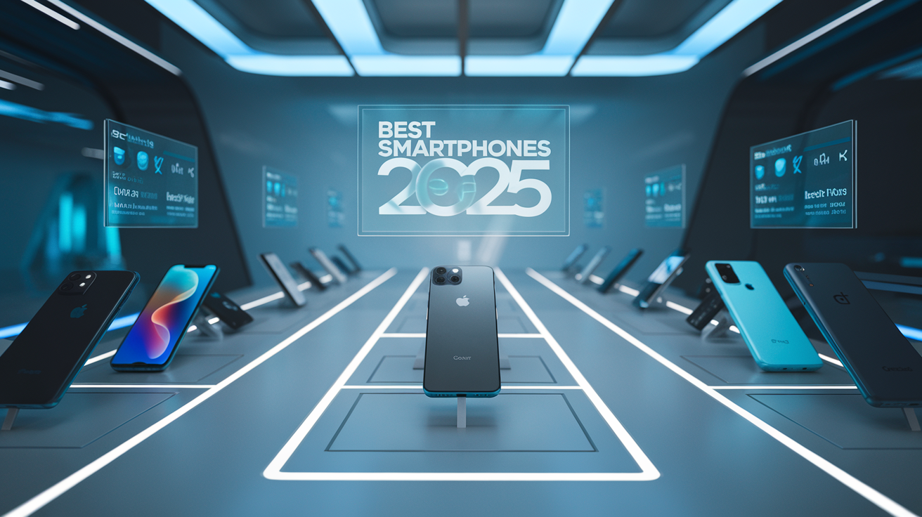 Create a realistic image of a sleek, futuristic smartphone showroom with various high-end devices on display, including iPhones, Samsung Galaxy, Google Pixel, and OnePlus models. Show holographic screens above each phone displaying key features and specs. Include a subtle "Best Smartphones 2025" text floating in the background. Use cool, tech-inspired lighting with blue and white tones to create a modern atmosphere.