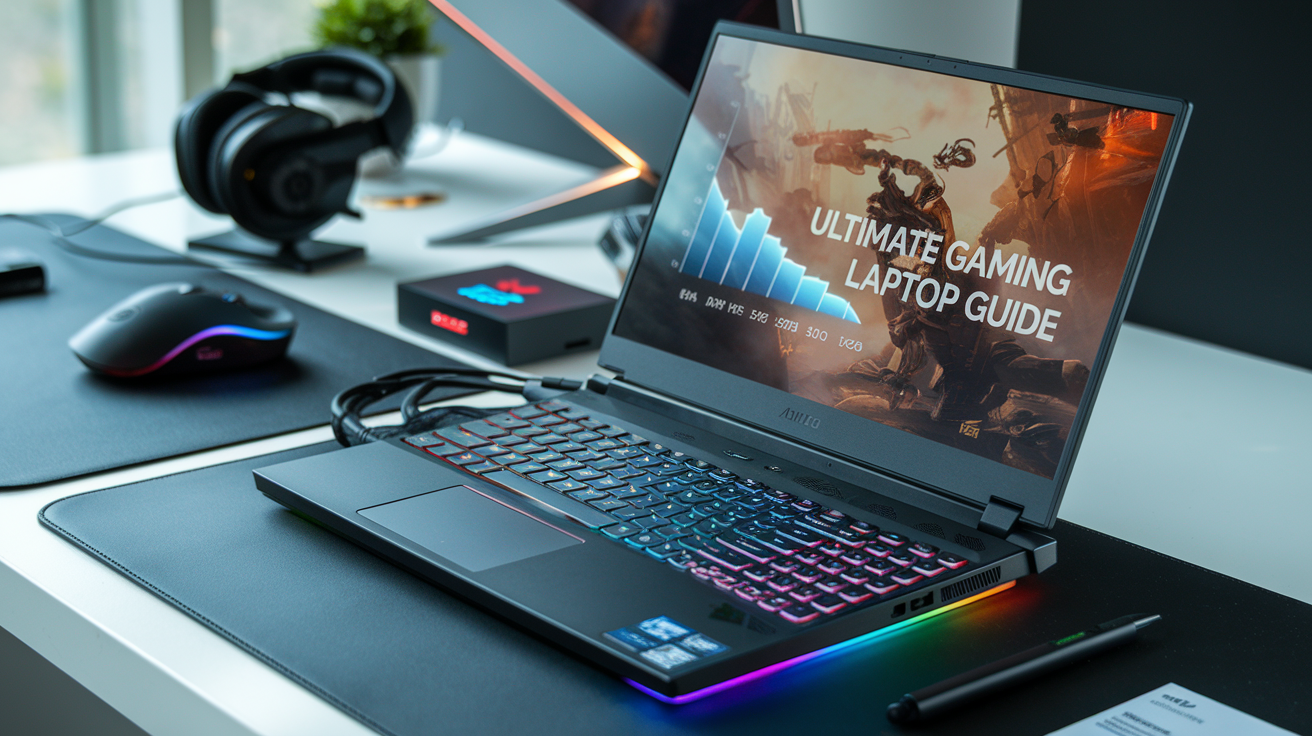 Create a realistic image of a sleek gaming laptop on a modern desk, with RGB lighting illuminating the keyboard and edges. The laptop screen displays a high-resolution game scene. Nearby, gaming accessories like a mouse, headset, and external GPU are visible. A graph showing different price ranges and performance levels is subtly reflected on the laptop's surface. Text overlay reads "Ultimate Gaming Laptop Guide".