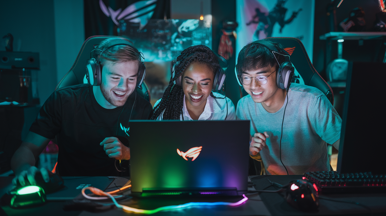 Create a realistic image of a diverse group of gamers (including white male, black female, and Asian male) gathered around a high-end gaming laptop in a dimly lit room, with colorful RGB lighting from the laptop and gaming peripherals illuminating their excited faces, surrounded by gaming posters and accessories, capturing the essence of finding the perfect gaming laptop for different needs and budgets.