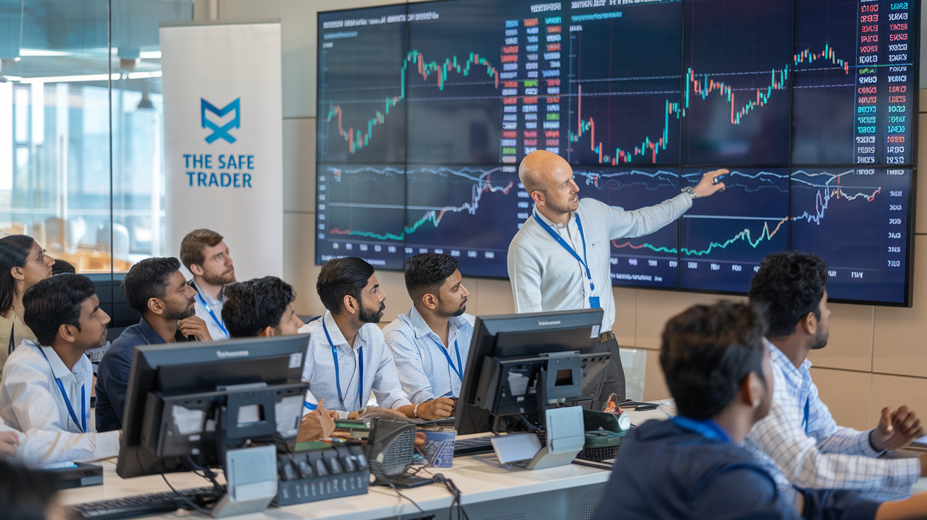 Create a realistic image of a modern classroom setting in Hyderabad with a diverse group of Indian students focused on a large screen displaying stock market charts and graphs, a white male instructor pointing to key areas on the screen, trading terminals on desks, and "The Safe Trader" logo visible on a banner.