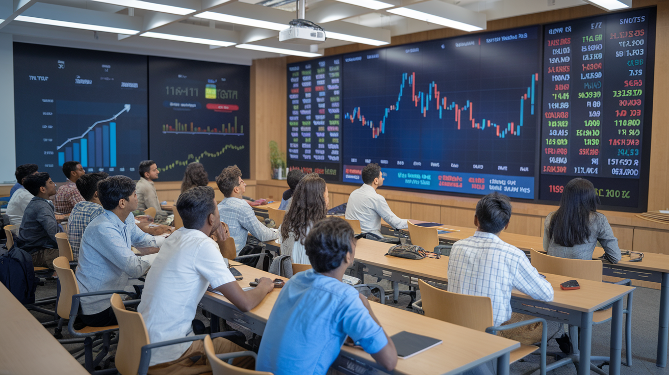 Create a realistic image of a modern classroom in Hyderabad with students of diverse Indian ethnicities sitting at desks, intently watching a stock market trading simulation on a large screen. The room features charts, graphs, and financial data displays on the walls, with a stock ticker running along the bottom of the projection screen.