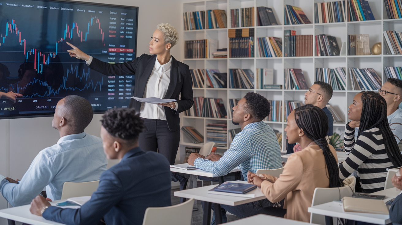 Create a realistic image of a modern classroom setting with stock market charts and financial graphs displayed on a large screen, a diverse group of adult students taking notes, and a professional-looking instructor pointing to the screen, with bookshelves filled with finance books and resources visible in the background, suggesting ongoing support and learning opportunities in stock market education.