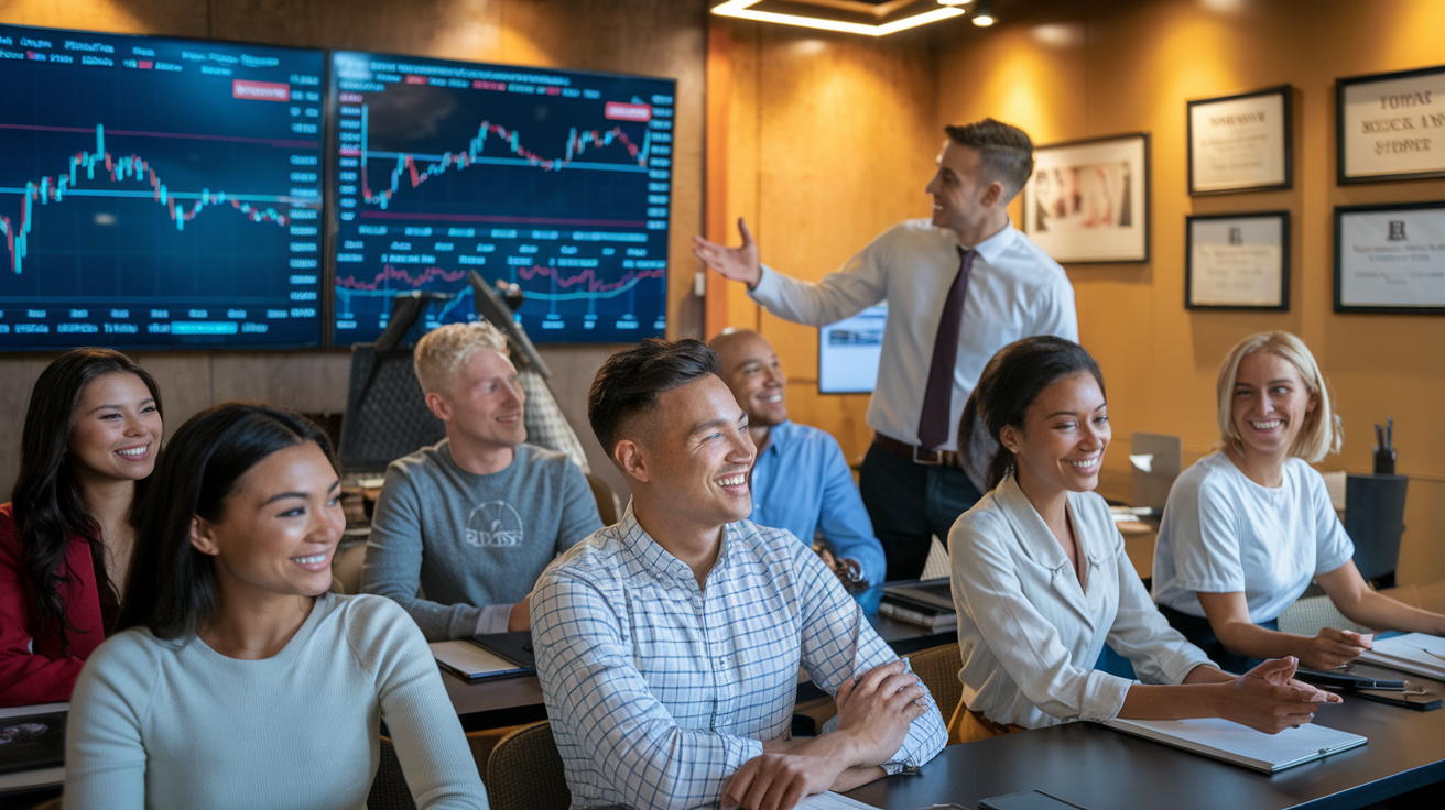 Create a realistic image of a diverse group of smiling students in a classroom setting, with stock market charts and financial data displayed on a large screen behind them. A white male instructor in business attire stands nearby, gesturing towards the screen. On a nearby wall, framed testimonials and success stories are visible. The room has a professional, corporate atmosphere with warm lighting.