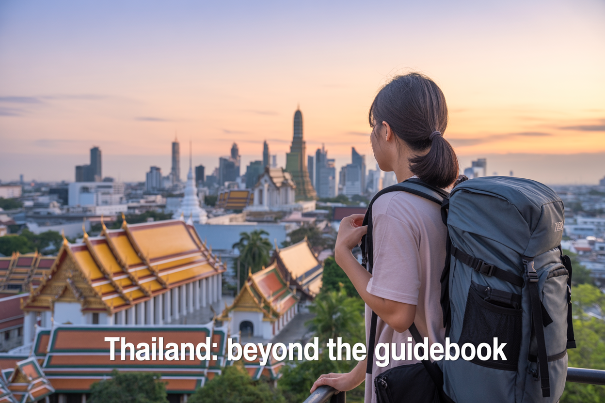 Create a realistic image of a young Asian female traveler with a backpack standing at a viewpoint overlooking Bangkok's skyline with ancient temples in the foreground, creating a contrast between traditional and modern Thailand, during golden hour with soft lighting, with a small text overlay saying "Thailand: Beyond the Guidebook".