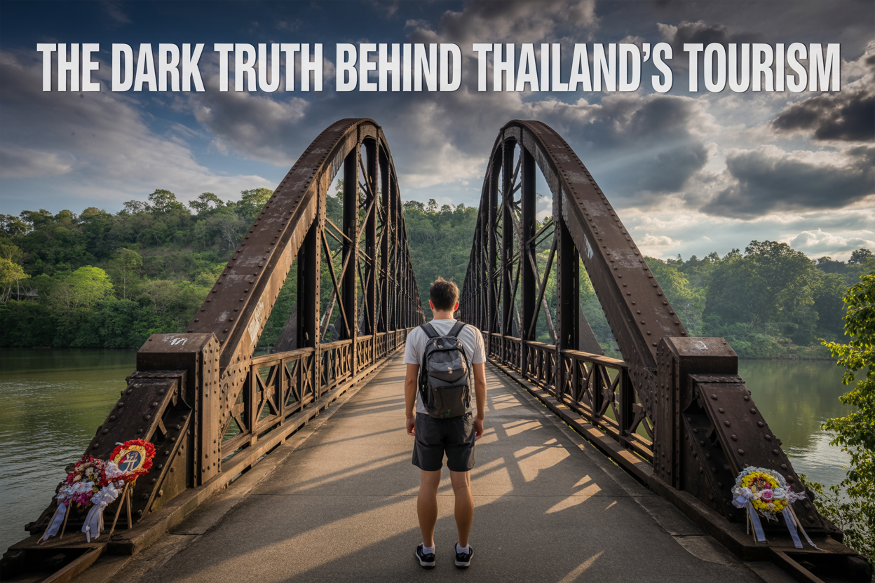 Create a realistic image of a lone backpacker (Asian male) standing at the entrance of the Death Railway Bridge in Kanchanaburi, Thailand, with sunlight casting long shadows across the historic structure, contrasting with dark storm clouds gathering in the distance, memorial wreaths visible on the bridge's edge, and text overlay reading "The Dark Truth Behind Thailand's Tourism."