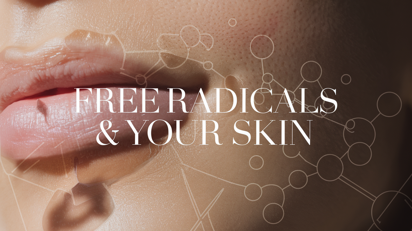 Create a realistic image of a close-up view of human skin with visible pores and a subtle glow, partially shaded to represent sun exposure. Include a translucent overlay of molecular structures representing free radicals attacking skin cells. In the background, show faint outlines of environmental factors like pollution and UV rays. Add text overlay "Free Radicals & Your Skin" in a modern, sans-serif font.