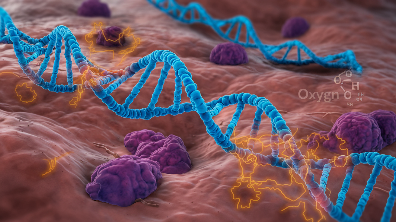 Create a realistic image of a close-up view of human skin cells under a microscope, with visible DNA strands and cellular structures in shades of blue and purple. Overlay animated, glowing orange particles representing free radicals moving erratically between the cells, causing visible damage to cell membranes. Include a subtle, semi-transparent chemical formula for oxygen in the corner.