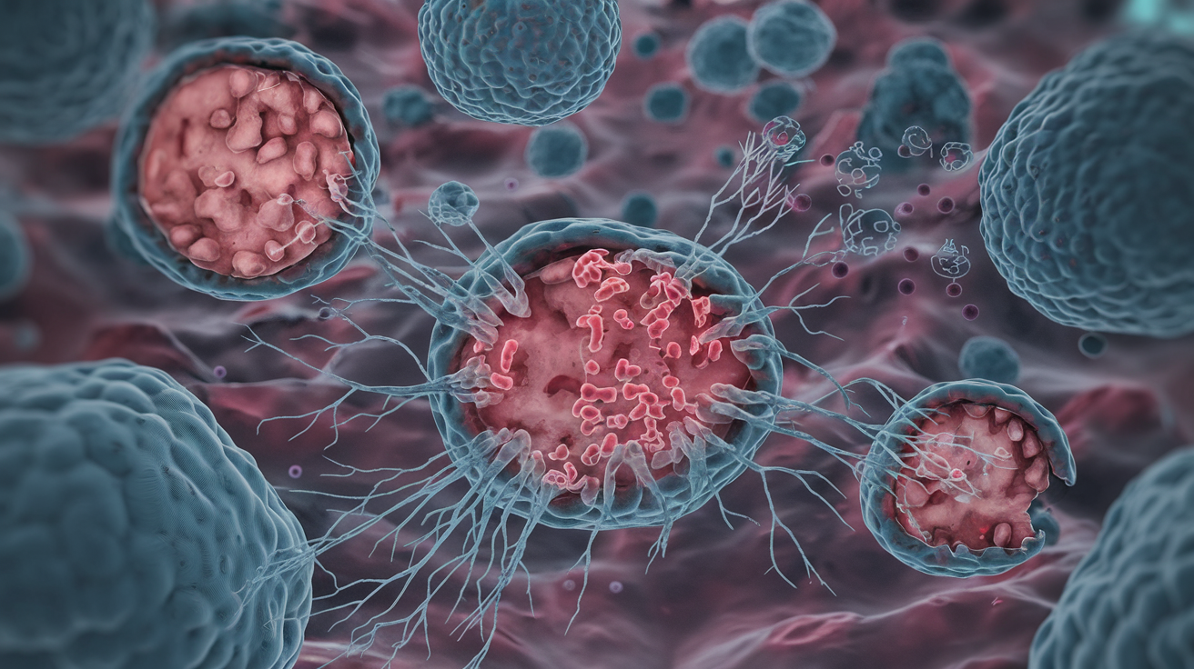 Create a realistic image of a close-up view of human skin cells under a microscope, with visible damage caused by free radicals. Show some cells in a healthy state and others clearly damaged, with irregular shapes and fragmented structures. Include visual representations of free radical molecules attacking the cell membranes. Use a color palette of blues and purples to give a scientific, laboratory feel to the image.