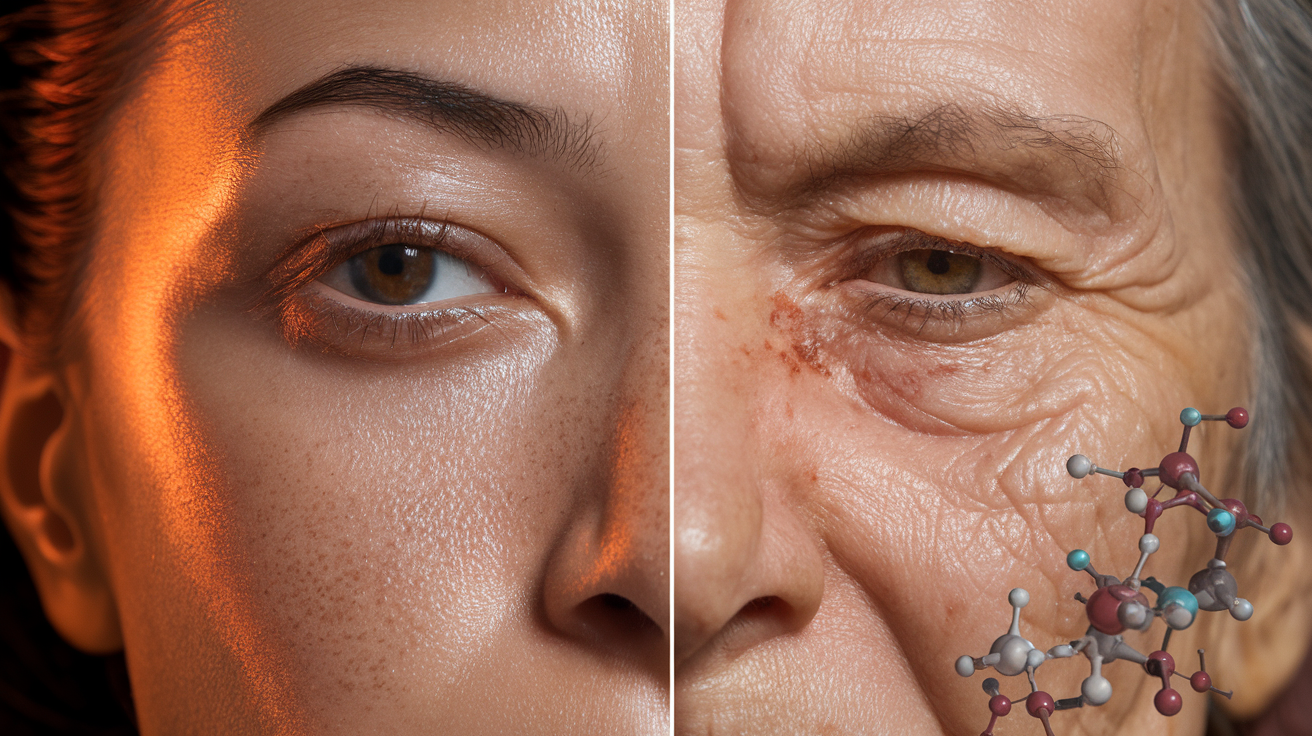 Create a realistic image of a split-screen comparison showing two close-up views of human skin: one side healthy and glowing, the other side damaged with visible wrinkles, age spots, and dullness. Include a subtle overlay of molecule structures representing free radicals on the damaged side. Use warm lighting to highlight the skin's texture and imperfections.