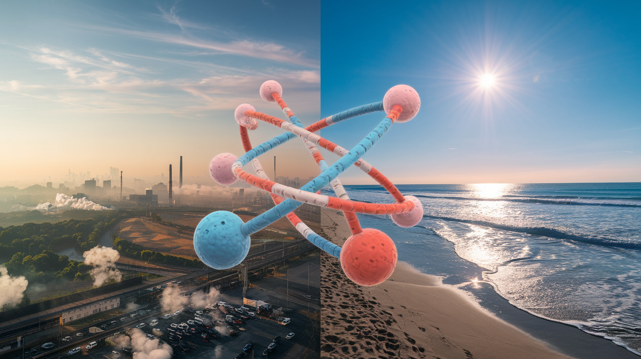Create a realistic image of a split-screen view showing two contrasting outdoor scenes: on the left, a polluted cityscape with smog, car exhaust, and industrial emissions visible; on the right, a pristine beach with strong UV rays from the sun. In the center, floating between the scenes, depict enlarged free radical molecules represented as unstable atoms with unpaired electrons.