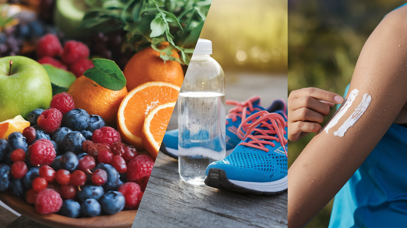 Create a realistic image of a split-screen composition showing healthy lifestyle choices to combat free radical damage: on the left, a close-up of fresh, antioxidant-rich fruits and vegetables; on the right, a person's hand applying sunscreen to their arm; in the center, a water bottle and running shoes, symbolizing hydration and exercise; soft, natural lighting emphasizing the vibrant colors of the produce and the protective nature of the lifestyle elements.