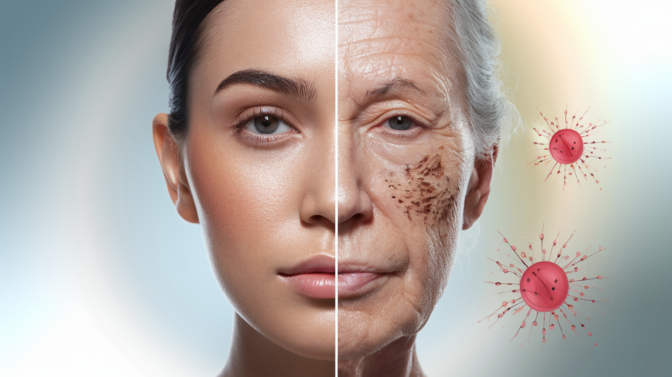 Create a realistic image of a split-screen comparison showing a close-up of healthy, glowing skin on the left and damaged, aged skin on the right, with subtle illustrations of free radicals attacking skin cells floating around the damaged side, all set against a soft, gradient background transitioning from light blue to white.