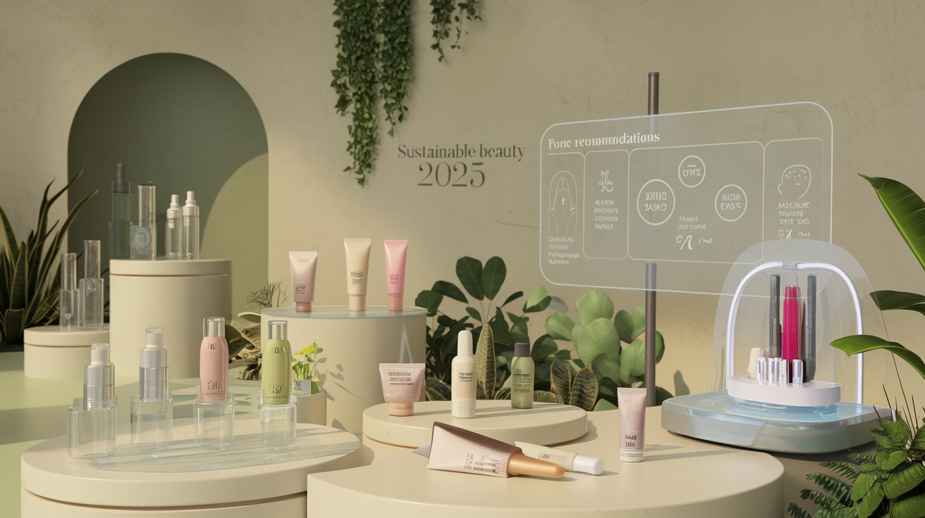 Create a realistic image of a futuristic, minimalist beauty store interior with eco-friendly packaging displays, featuring refillable glass containers, biodegradable tubes, and sleek reusable bottles. Show a holographic screen displaying personalized skincare recommendations and a 3D printer creating custom lipstick. Include plants and green elements throughout the space. The text "Sustainable Beauty 2025" should appear subtly on a wall.