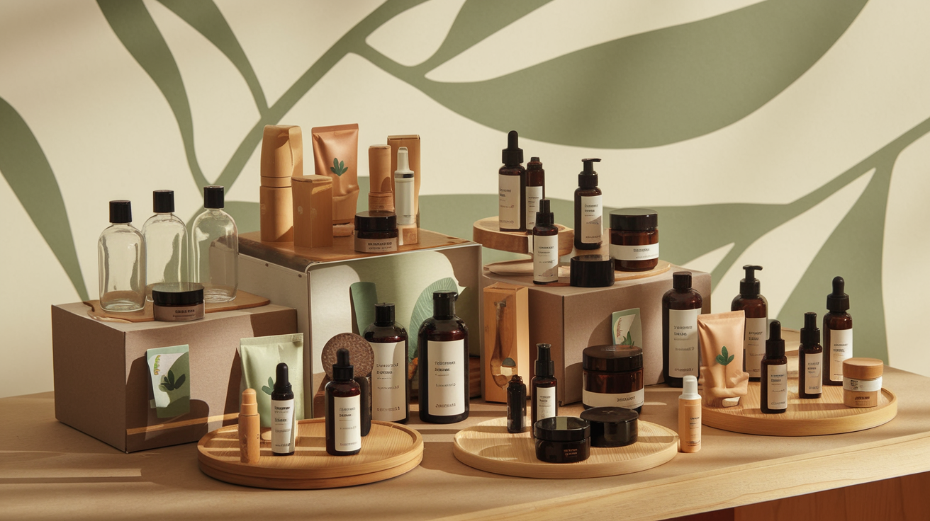 Create a realistic image of a stylish, eco-friendly cosmetic packaging display featuring sleek glass bottles, bamboo containers, and recyclable paper boxes arranged on a wooden table, with soft natural lighting highlighting the sustainable materials and earthy color palette, and a subtle green leaf motif in the background to emphasize the eco-friendly theme.