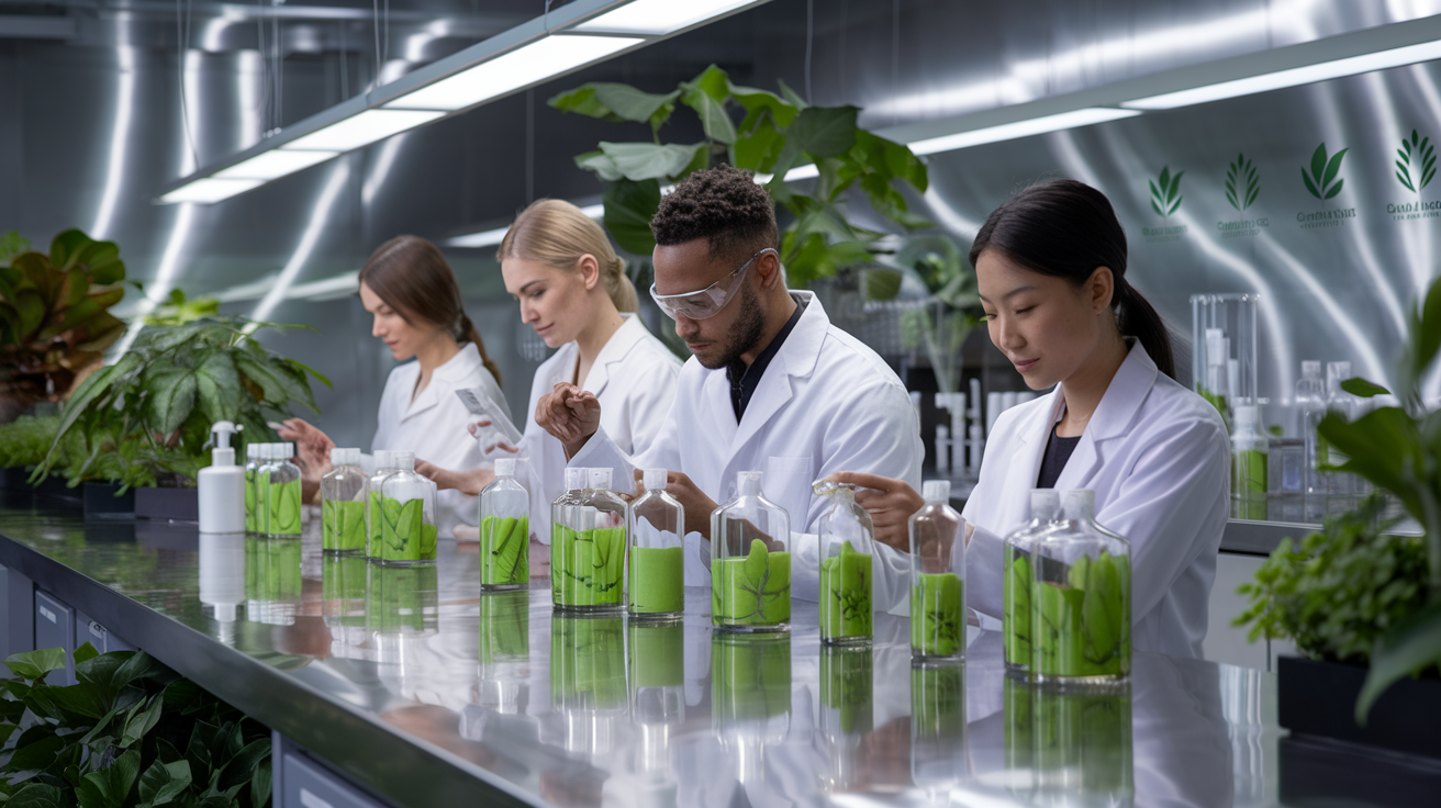 Create a realistic image of a sleek, modern laboratory with shiny stainless steel surfaces, where a diverse team of scientists (one white female, one black male, one Asian female) in white lab coats are examining transparent bottles filled with vibrant green plant-based cosmetic formulations, surrounded by lush potted plants and sustainability certification logos on the wall, with soft, natural lighting emphasizing the clean and eco-friendly atmosphere.