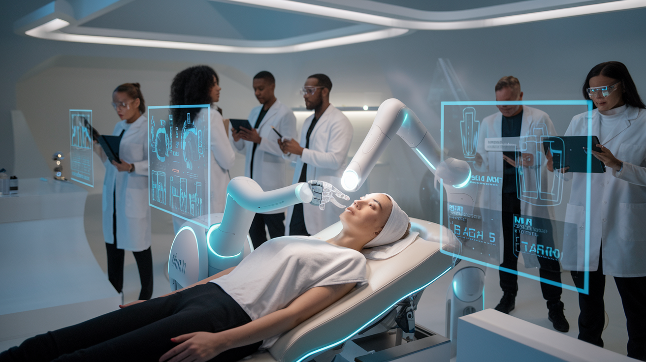 Create a realistic image of a futuristic beauty salon with holographic screens displaying personalized skincare formulas, a white female customer receiving a facial treatment from a robotic arm, and a diverse group of scientists in lab coats analyzing data on transparent tablets in the background, all bathed in soft, ambient lighting with a clean, minimalist aesthetic.