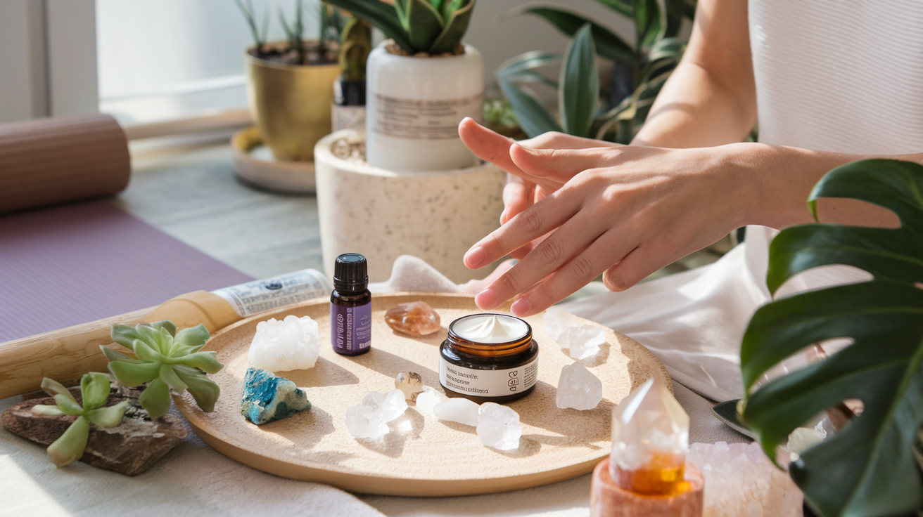 Create a realistic image of a serene spa-like setting with natural light, featuring a white female applying organic face cream, surrounded by plants, crystals, and essential oils, with a yoga mat visible in the background, conveying a holistic approach to beauty and wellness.