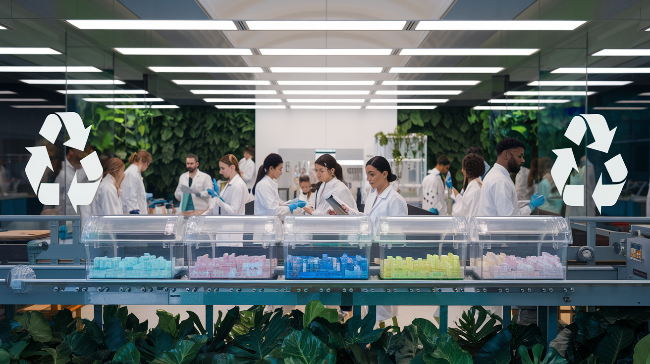 Create a realistic image of a sleek, modern cosmetics laboratory with recycling symbols prominently displayed, featuring transparent containers filled with colorful beauty products on a conveyor belt, surrounded by lush green plants, with a diverse group of scientists in white lab coats examining and processing recycled beauty packaging materials in the background.