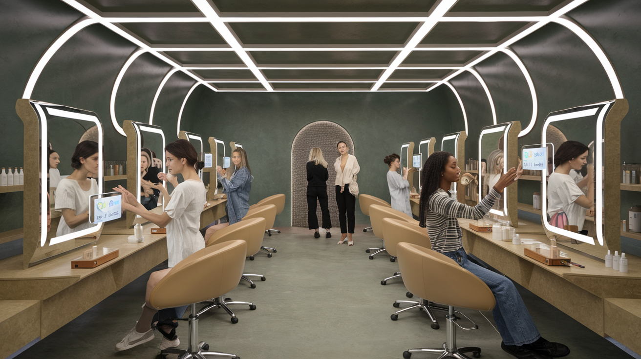 Create a realistic image of a futuristic, eco-friendly beauty salon with sleek, minimalist design, featuring recycled materials, energy-efficient lighting, and smart mirrors displaying personalized skincare recommendations, while a diverse group of customers test sustainable beauty products made from plant-based ingredients in refillable packaging.