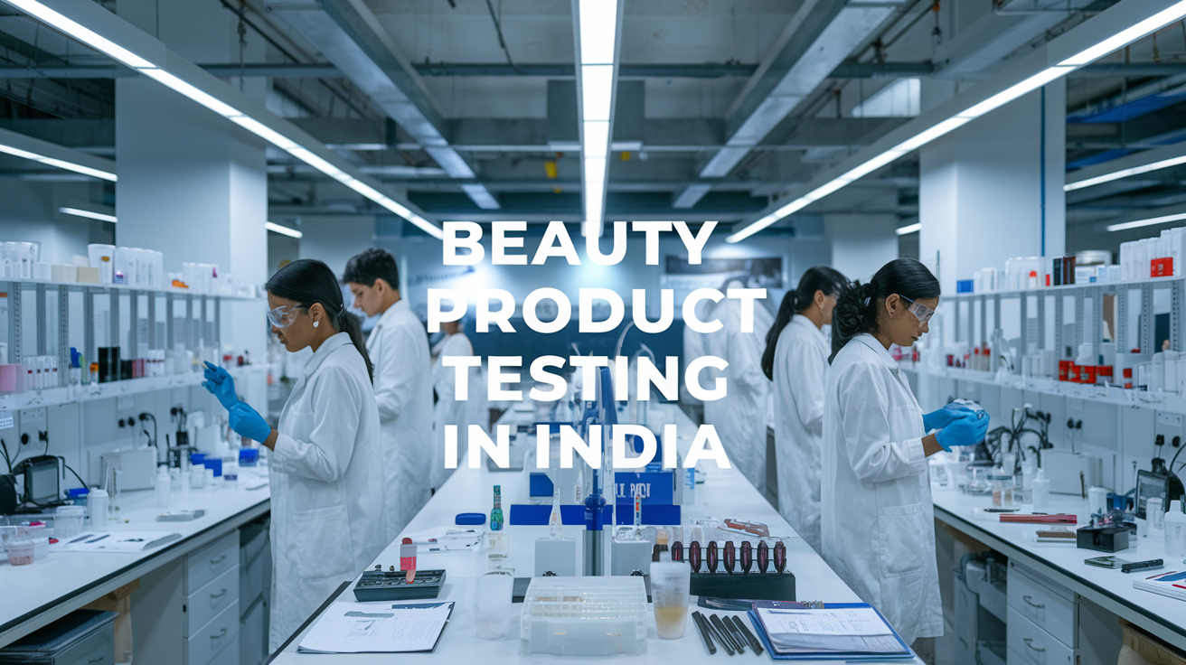 Create a realistic image of a modern laboratory setting with Indian scientists in white lab coats conducting beauty product tests, featuring various cosmetic items, testing equipment, and regulatory compliance documents visible on workstations, with a prominent "Beauty Product Testing in India" text overlay.