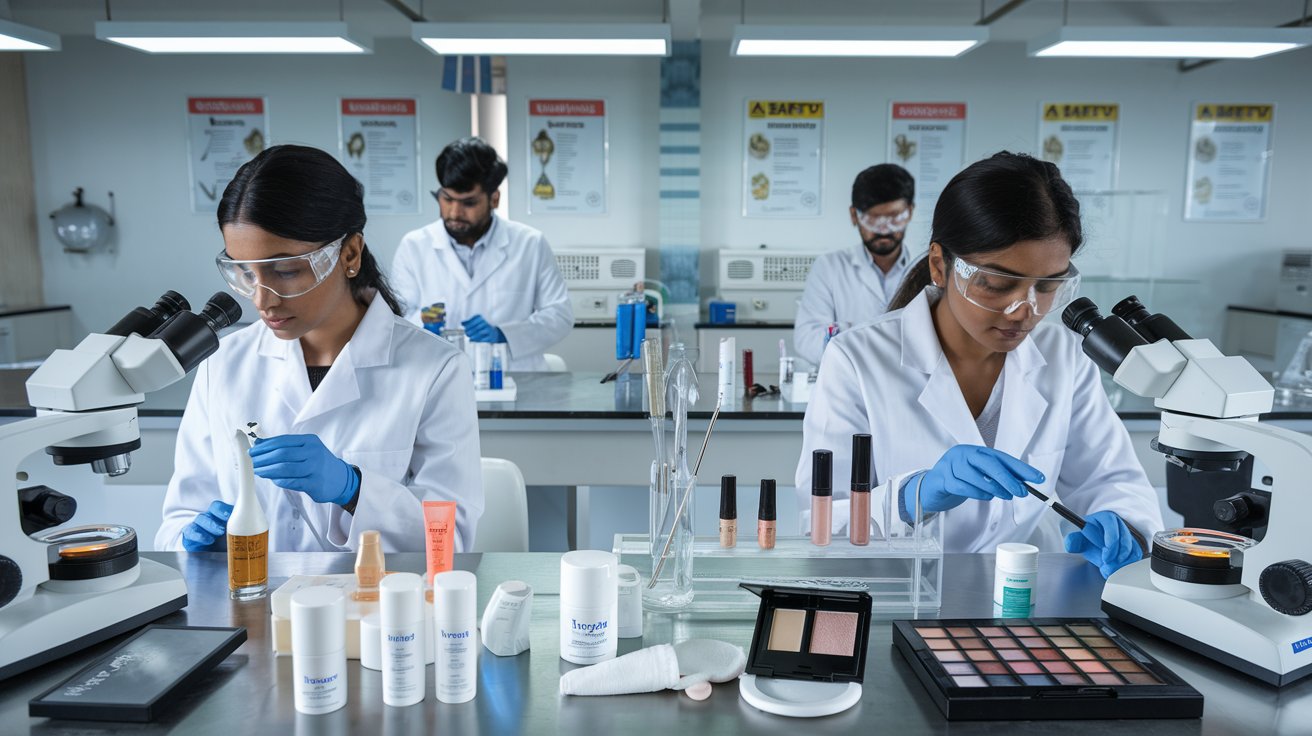 Create a realistic image of a modern laboratory setting with Indian scientists in white lab coats conducting tests on beauty products, featuring various cosmetic items like creams, lotions, and makeup on a workbench, alongside scientific equipment such as microscopes and testing instruments, with a backdrop of safety posters and Indian regulatory compliance certificates on the wall.