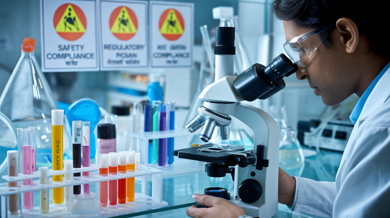 Create a realistic image of a laboratory setting with various beauty products undergoing testing, including a close-up of a researcher in a white lab coat examining a cosmetic sample under a microscope, surrounded by scientific equipment, test tubes, and safety compliance posters on the wall displaying Indian regulatory symbols and text in English and Hindi.