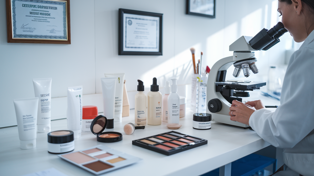 Create a realistic image of a laboratory setting with various beauty products on a clean white table, including creams, lotions, and makeup items. A scientist in a white lab coat is examining a product under a microscope. On the wall, there are framed certificates and compliance documents. The lighting is bright and clinical, emphasizing the professional and regulated nature of beauty product testing and certification.