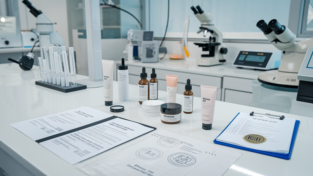 Create a realistic image of a laboratory setting with various beauty products on a clean white countertop, alongside legal documents, certification stamps, and a magnifying glass. Include testing equipment like microscopes and spectrometers in the background. A clipboard with a checklist and an official-looking seal should be visible, representing compliance and regulations. The lighting should be bright and clinical, emphasizing the professional and regulatory nature of beauty product testing in India.