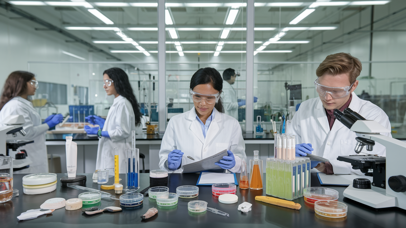 Create a realistic image of a laboratory setting with various beauty products undergoing testing, including petri dishes, microscopes, and scientific instruments. A diverse team of scientists, including an Indian female and a white male, wearing lab coats and safety goggles, are examining test results and documenting findings. In the background, visible through a glass partition, is a production line for beauty products, emphasizing the connection between testing and manufacturing.