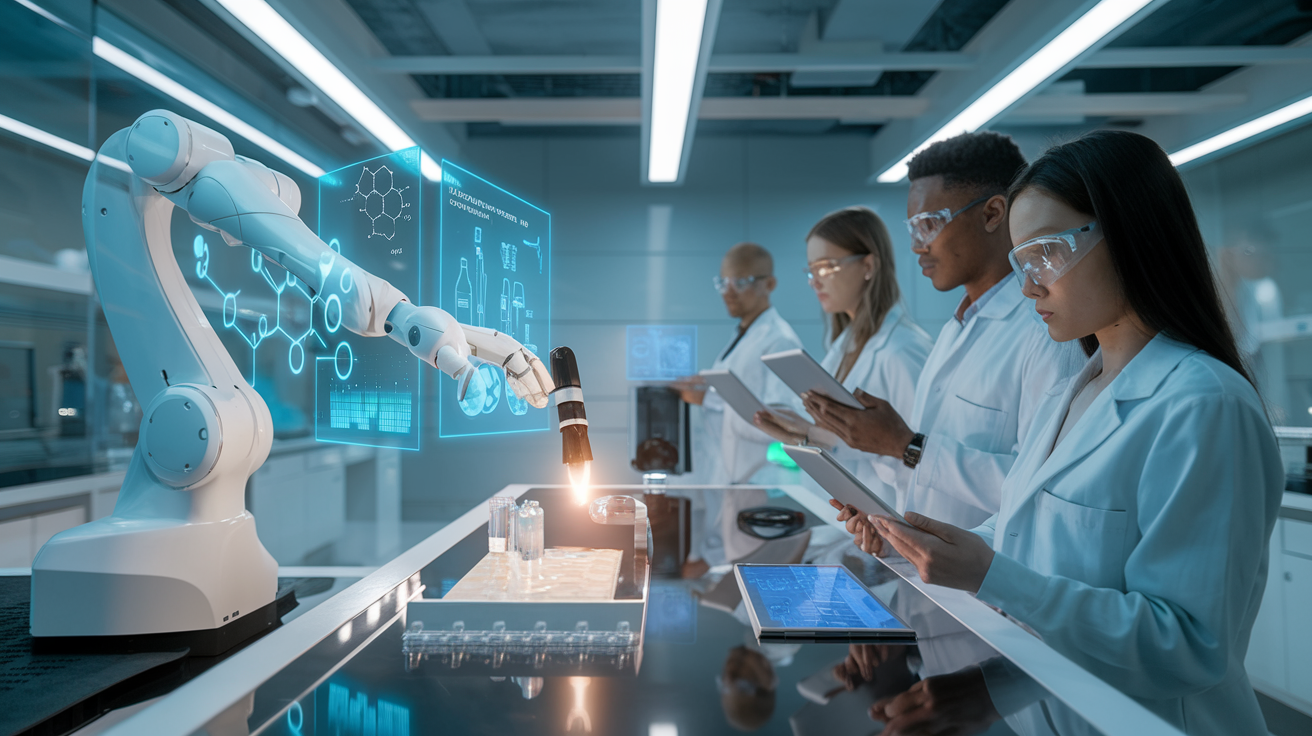 Create a realistic image of a modern laboratory setting with advanced testing equipment, including a robotic arm handling a cosmetic product, holographic displays showing molecular structures, and a diverse team of scientists (one white female, one black male, one Asian female) wearing lab coats and using tablets to analyze data, with sleek futuristic design elements and soft, clean lighting.