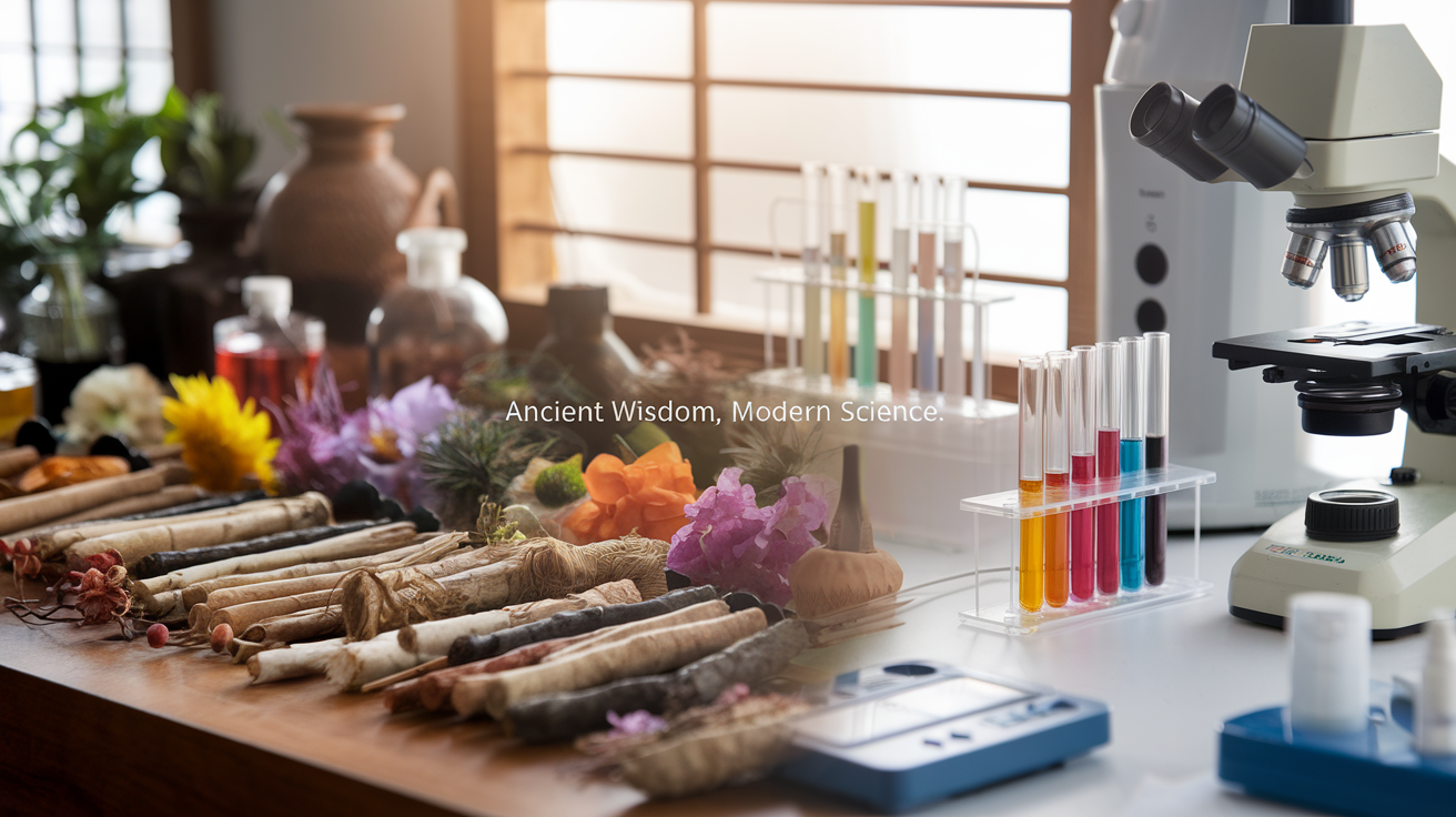 Create a realistic image of a scientific laboratory workspace where traditional and modern medicine meet, showing various colorful botanical ingredients (roots, herbs, flowers) from different cultures arranged on one side, with modern scientific equipment (microscope, testing tubes with colorful extracts) on the other side, soft natural lighting creating a warm atmosphere, and a subtle text overlay reading "Ancient Wisdom, Modern Science."
