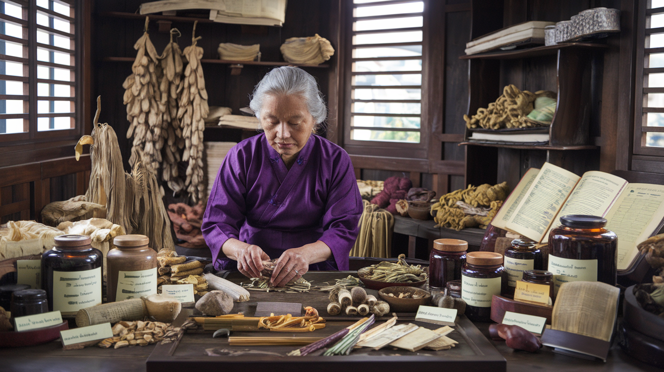 Create a realistic image of an elderly Asian female herbalist in traditional clothing carefully preparing herbal medicine in a wooden apothecary setting, surrounded by dried plants, roots, and ancient manuscripts, with soft natural light streaming through windows illuminating various labeled jars of indigenous ingredients, conveying the rich heritage and wisdom of traditional medicine systems.