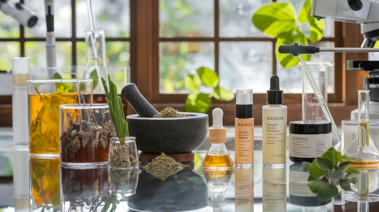 Create a realistic image of traditional botanical ingredients being transformed into modern skincare products in a laboratory setting, with glass containers of colorful plant extracts, mortar and pestle with crushed herbs, scientific equipment like microscopes and beakers, alongside finished premium skincare products with natural-looking packaging, bright natural lighting highlighting the vibrant colors of the plant materials, creating a blend of traditional wisdom and cutting-edge science.