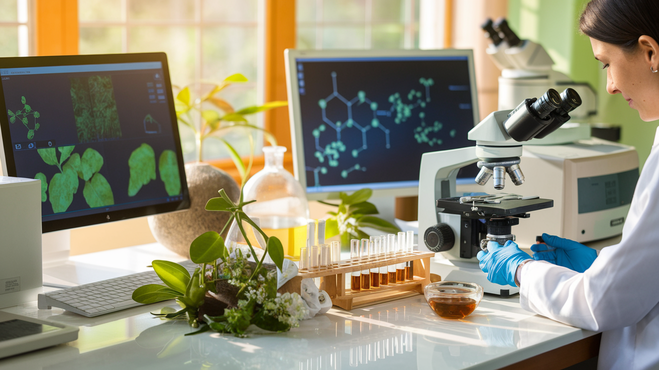 Create a realistic image of a laboratory setting where a scientist in a white lab coat is examining traditional herbal remedies alongside modern scientific equipment, with microscopes, test tubes containing plant extracts, and computer screens displaying molecular structures, all bathed in warm, natural lighting to symbolize the bridge between ancient wisdom and contemporary research.
