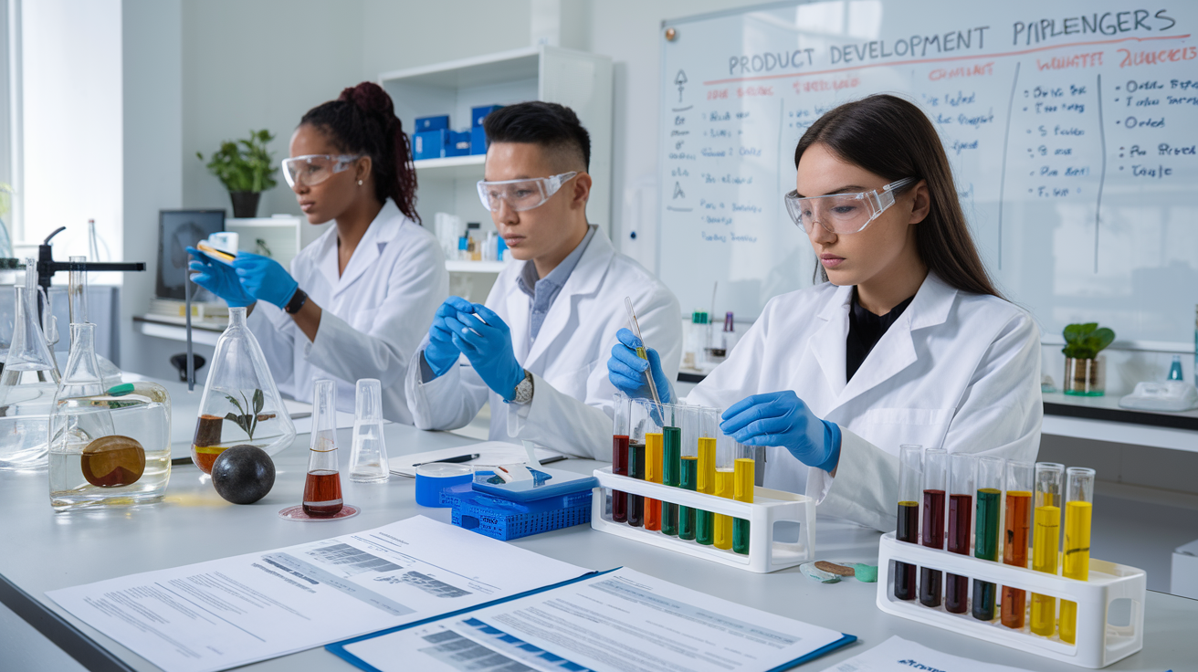 Create a realistic image of a laboratory workspace where a team of scientists (one Black female, one Asian male, and one White female) are examining traditional herbal extracts in modern equipment, with test tubes containing colorful plant compounds, scientific instruments, regulatory documents, and patent paperwork visible on the desk, while a whiteboard in the background shows a product development pipeline with challenges noted, all under bright laboratory lighting that creates a clinical yet innovative atmosphere.