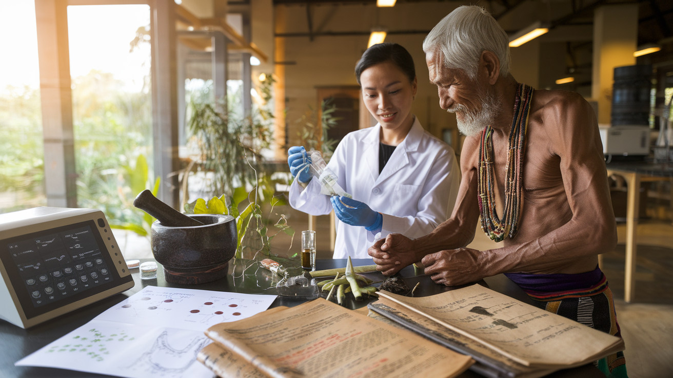 Create a realistic image of a modern laboratory where an Asian female scientist and an elderly Indigenous male healer are collaboratively examining medicinal plants and herbs, with traditional mortar and pestle beside high-tech analysis equipment, scientific papers displaying molecular structures next to ancient manuscripts, warm natural lighting highlighting their shared focus, representing the successful integration of traditional and modern medicinal approaches.