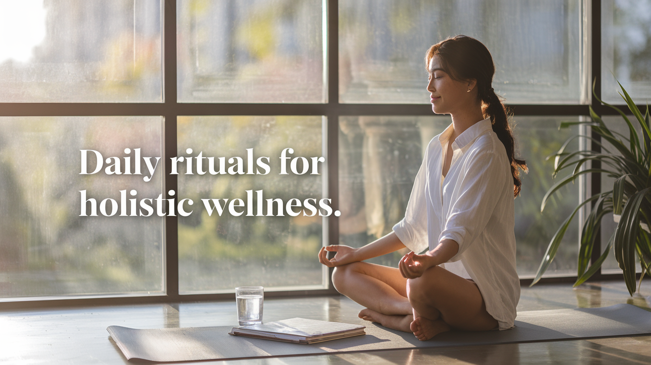 Create a realistic image of a serene morning scene with a young woman of Asian descent sitting cross-legged on a yoga mat by a large window, sunlight streaming in, with a glass of water, journal, and plant nearby, conveying a peaceful ritual moment that represents balance and well-being, with soft text overlay reading "Daily Rituals for Holistic Wellness."