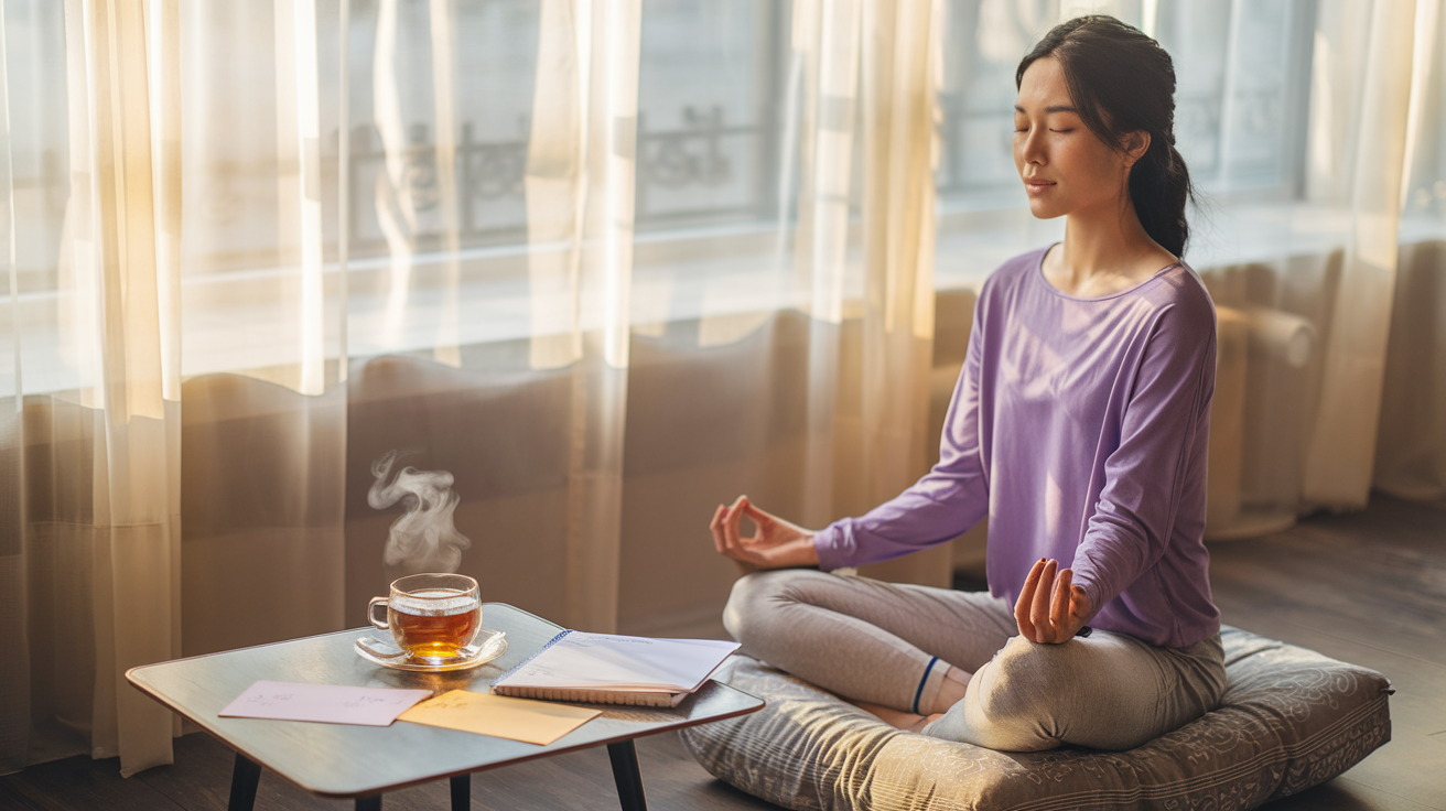 Create a realistic image of a serene morning scene with a young Asian female in comfortable clothes sitting cross-legged on a meditation cushion by a sunlit window, eyes closed in mindful meditation, with a steaming cup of herbal tea, journal, and intention cards nearby on a small wooden table, soft golden morning light streaming through sheer curtains creating a warm, peaceful atmosphere.