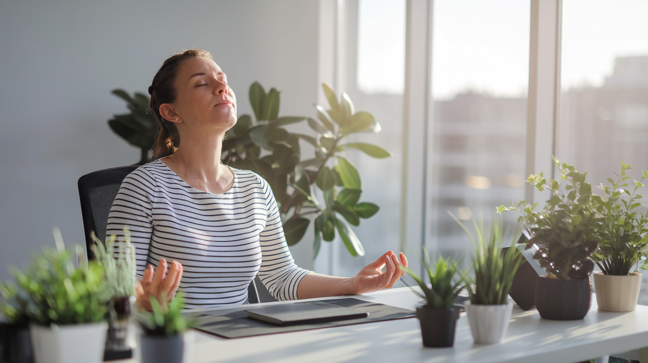 Create a realistic image of a middle-aged white woman with closed eyes practicing deep breathing at her office desk, hands resting gently on her lap, surrounded by a few small plants, with soft natural light streaming through a nearby window, creating a peaceful midday atmosphere amid a minimalist workspace.