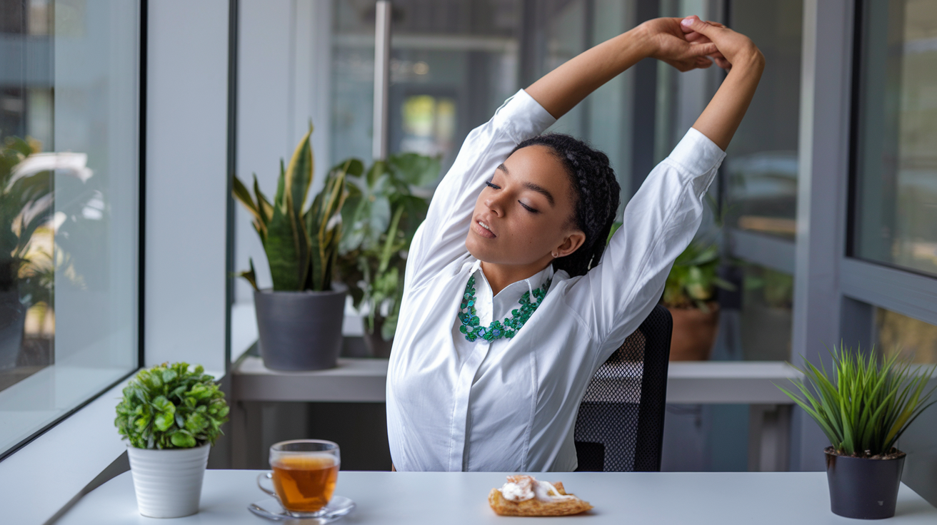 Create a realistic image of a young black female professional sitting at her desk by a window with natural light, stretching her arms overhead in a rejuvenating stretch, with a cup of herbal tea, a small potted plant, and a half-eaten healthy snack nearby, demonstrating afternoon habits to combat the typical post-lunch energy slump.