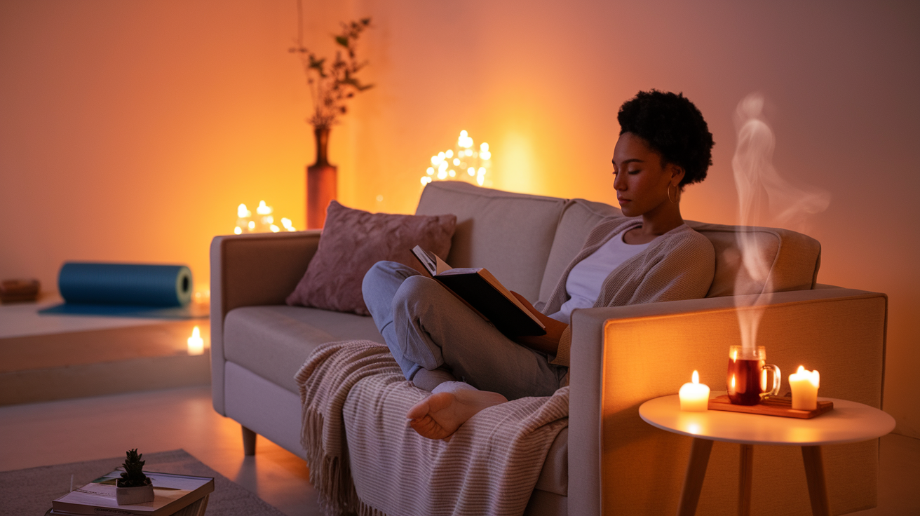 Create a realistic image of a serene living room at dusk with warm, amber lighting, where a Black female is seated comfortably on a sofa with a journal open in her lap, a steaming cup of herbal tea on the side table, and subtle elements of self-care like a yoga mat rolled up in the corner, candles, and a soft blanket, conveying a peaceful atmosphere for evening reflection and unwinding.