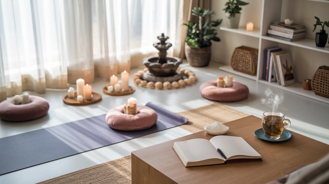 Create a realistic image of a serene living room space with a meditation corner featuring a yoga mat, cushions, and candles arranged neatly, a small indoor fountain, a bookshelf with wellness books, a journal open on a wooden table with a cup of herbal tea steaming beside it, soft natural light streaming through sheer curtains, creating a peaceful atmosphere for weekly wellness rituals.