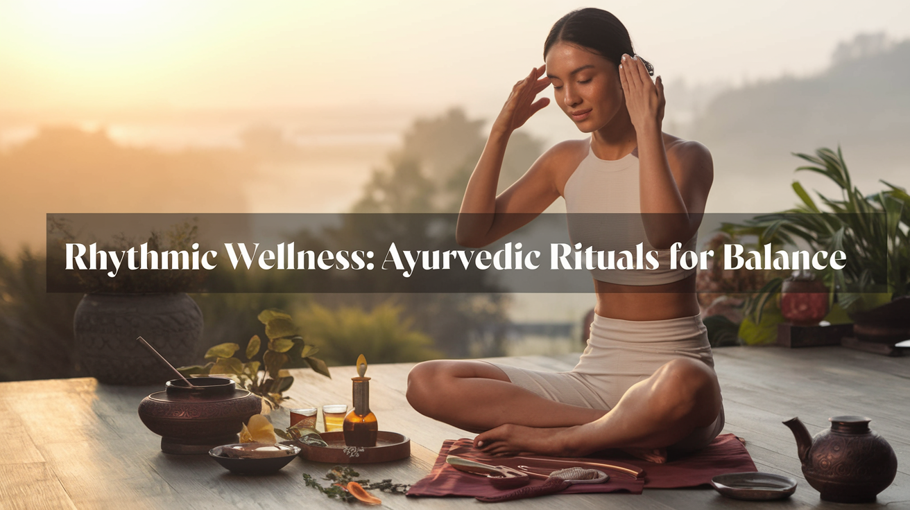 Create a realistic image of a serene South Asian woman performing an Ayurvedic morning ritual at sunrise, sitting cross-legged on a wooden floor with oil massage tools, copper tongue scraper, and warm herbal tea nearby, soft golden light illuminating her peaceful expression as she applies oil to her temples, with plants and natural elements in the background, text overlay "Rhythmic Wellness: Ayurvedic Rituals for Balance"