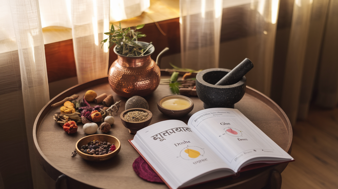Create a realistic image of a serene arrangement of Ayurvedic elements on a wooden table, featuring copper vessels with herbs, a mortar and pestle with colorful spices, a small bowl of ghee, and a Sanskrit text partially open showing dosha diagrams, all bathed in warm, natural morning light filtering through sheer curtains, symbolizing the foundational principles of Ayurveda.