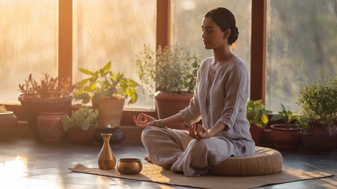 Create a realistic image of a serene South Asian female in comfortable linen clothing practicing midday meditation near a sunny window, seated on a natural fiber cushion with a small brass water vessel nearby, surrounded by potted herbs, warm golden afternoon light streaming in, her posture relaxed yet focused, representing the Ayurvedic practice of mindful afternoon rituals for maintaining energy balance.