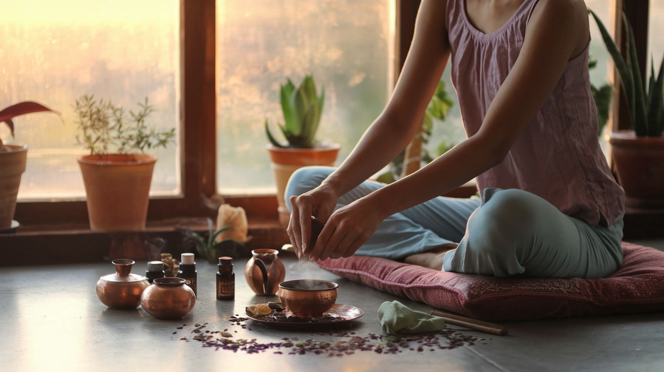 Create a realistic image of a serene evening Ayurvedic ritual with a South Asian female in comfortable clothes sitting cross-legged on a cushion, preparing herbal tea near a window with warm golden sunset light, surrounded by small copper vessels, dried herbs, and essential oils, creating a peaceful atmosphere for restoration and relaxation.