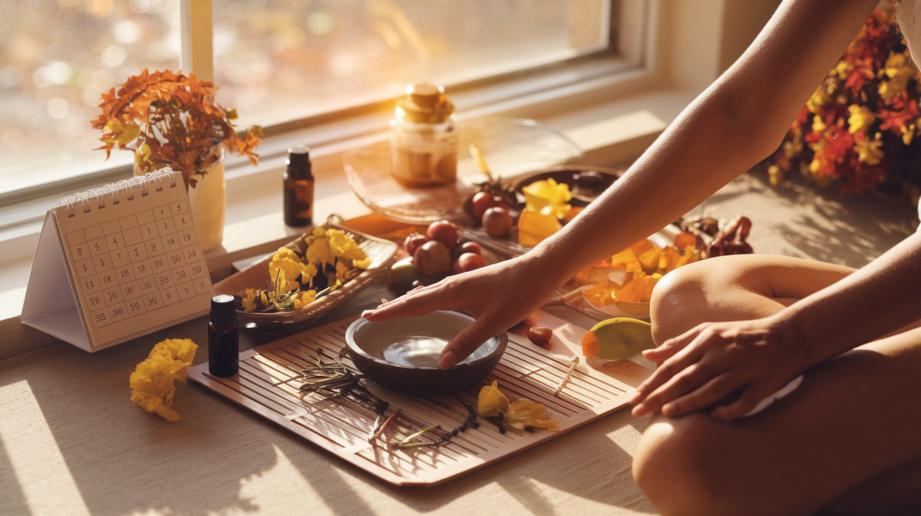 Create a realistic image of a woman of Indian descent performing her morning Ayurvedic routine by a sunlit window, surrounded by seasonal herbs, oils, and a seasonal calendar showing changing seasons, with a warm autumn glow casting soft shadows, showcasing how Ayurvedic practices adapt with nature's rhythms.