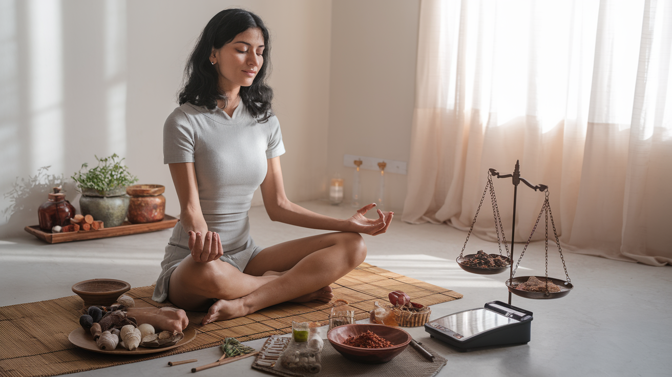 Create a realistic image of a serene Indian woman with dark hair sitting cross-legged on a bamboo mat, surrounded by Ayurvedic herbs and measuring tools like a pulse-checking wrist position and tongue examination mirror, with a balance scale holding colorful spices, soft morning light streaming through a window, creating a peaceful atmosphere that suggests holistic wellness and body rhythm assessment.