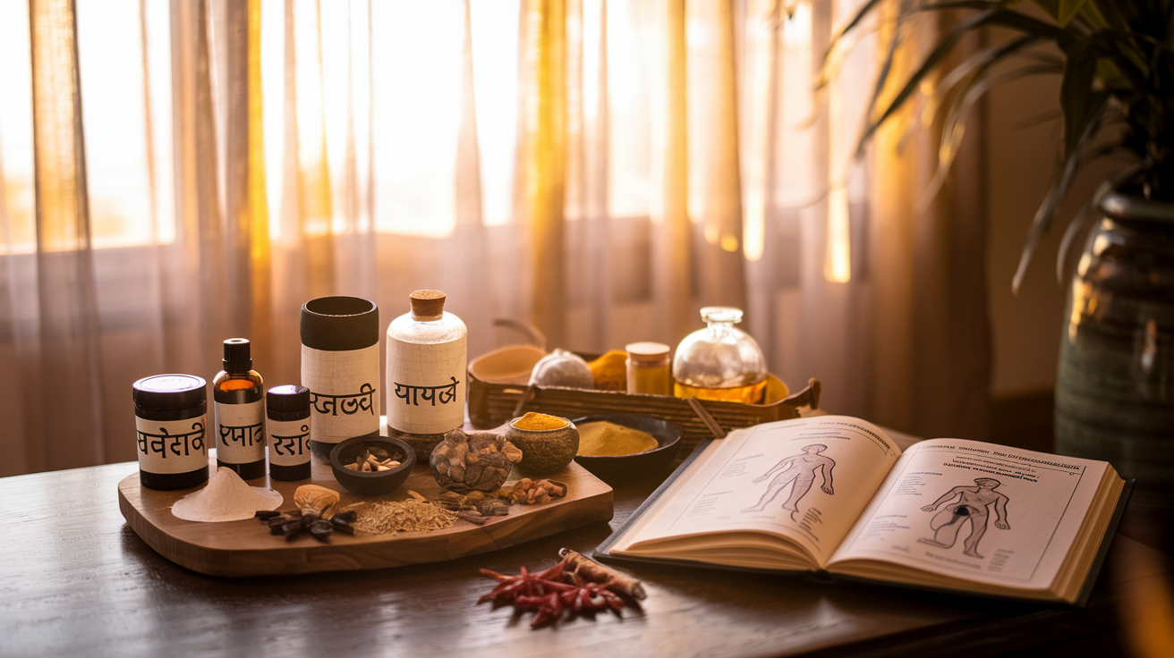 Create a realistic image of a serene morning scene with a wooden table displaying traditional Ayurvedic herbs, spices, and oils arranged neatly with Sanskrit labels, alongside an open ancient text showing diagrams of the human body's doshas, all bathed in warm golden sunrise light filtering through sheer curtains, creating a peaceful atmosphere that embodies the essence of Ayurvedic wisdom and daily ritual.